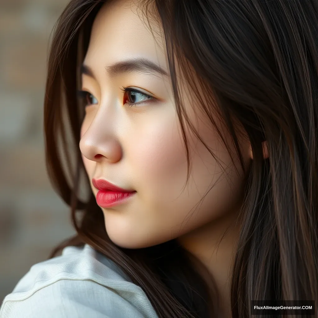 A side profile of a beautiful Asian teen girl, medium close-up.