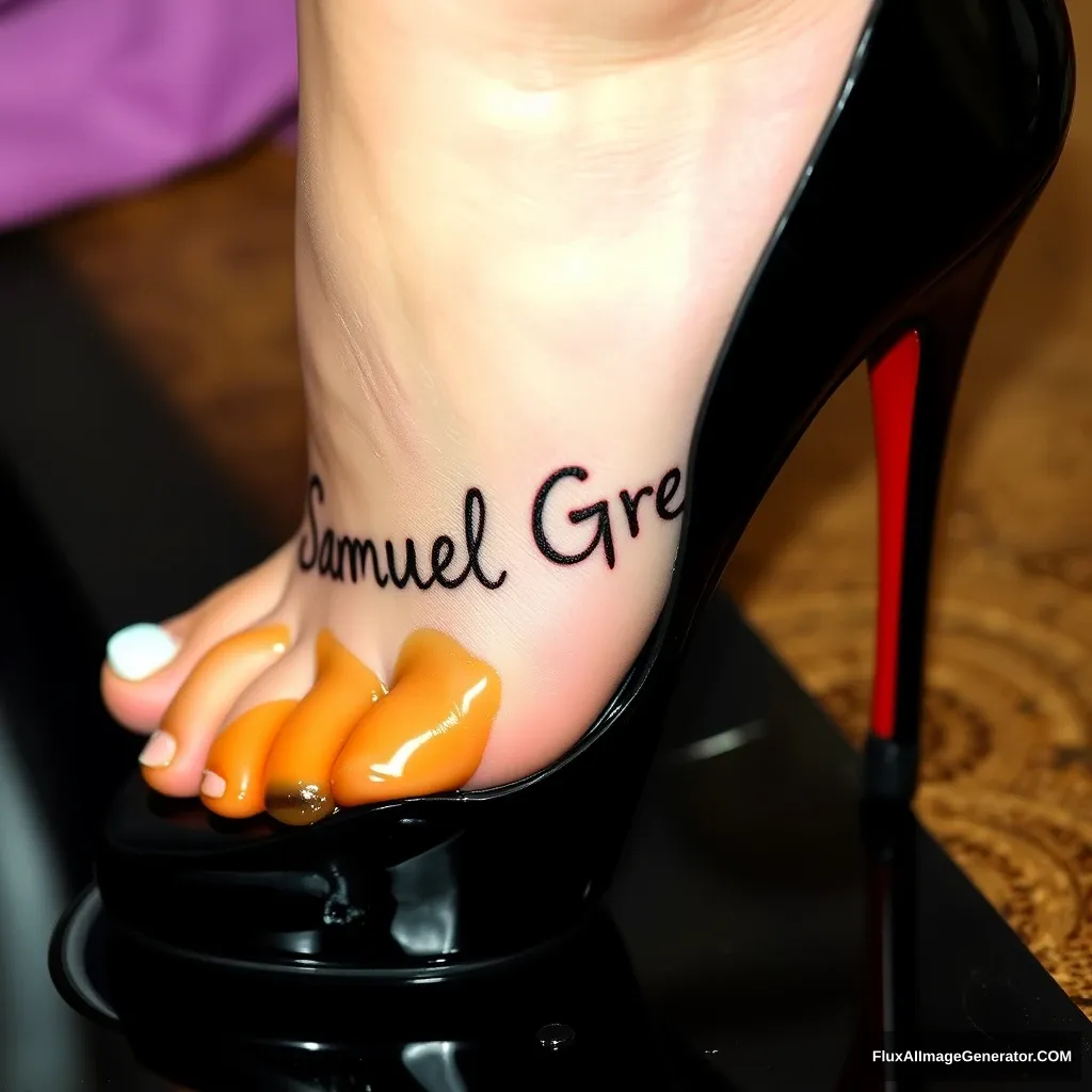 The name "Samuel Greg" on a woman's foot in a black high heel. There is oil all over the foot.