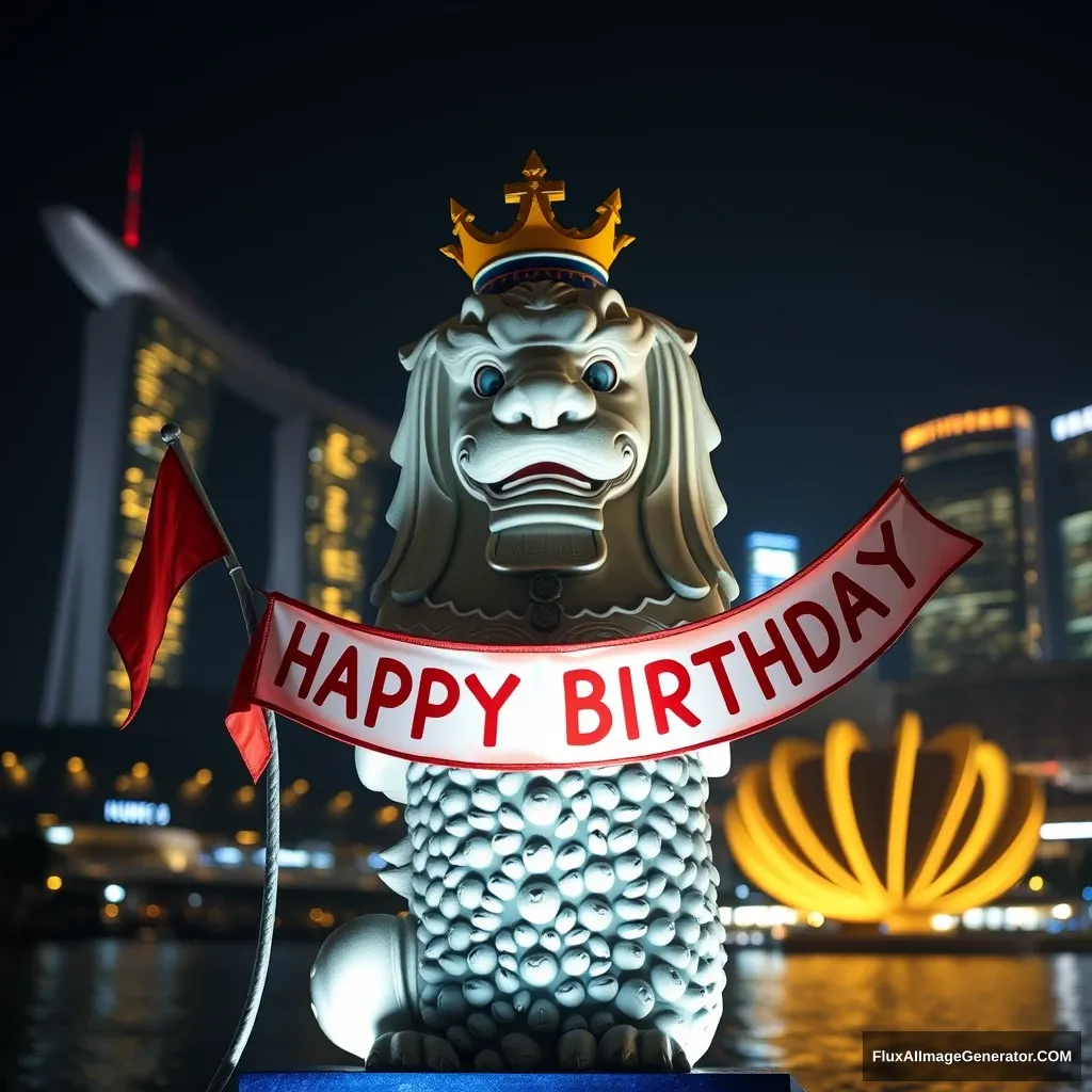 August the Merlion holding a banner that says “Happy Birthday Singapore”