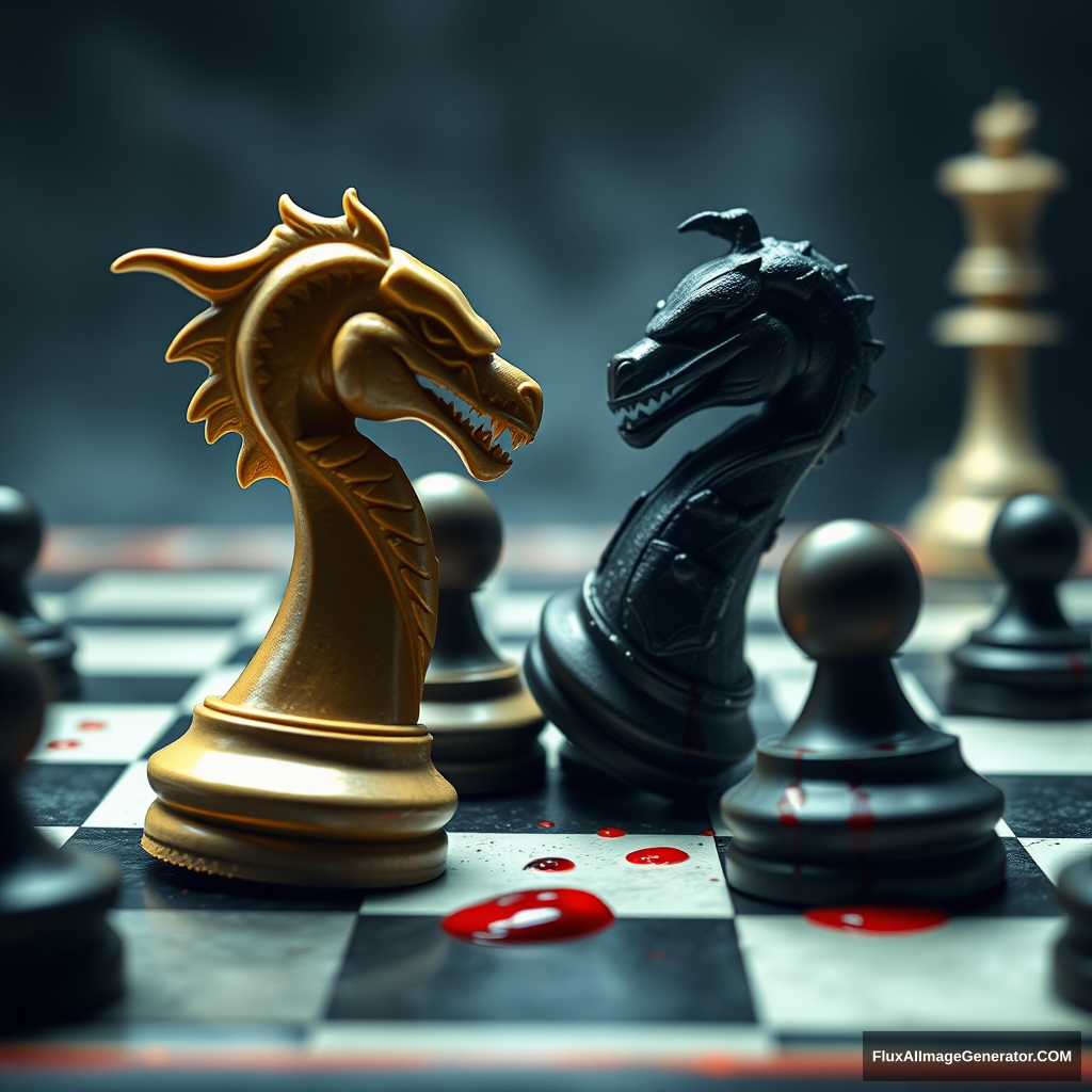 Side view, Chess pieces fighting on a chessboard, Mortal Kombat style, action scene, blood drops. - Image