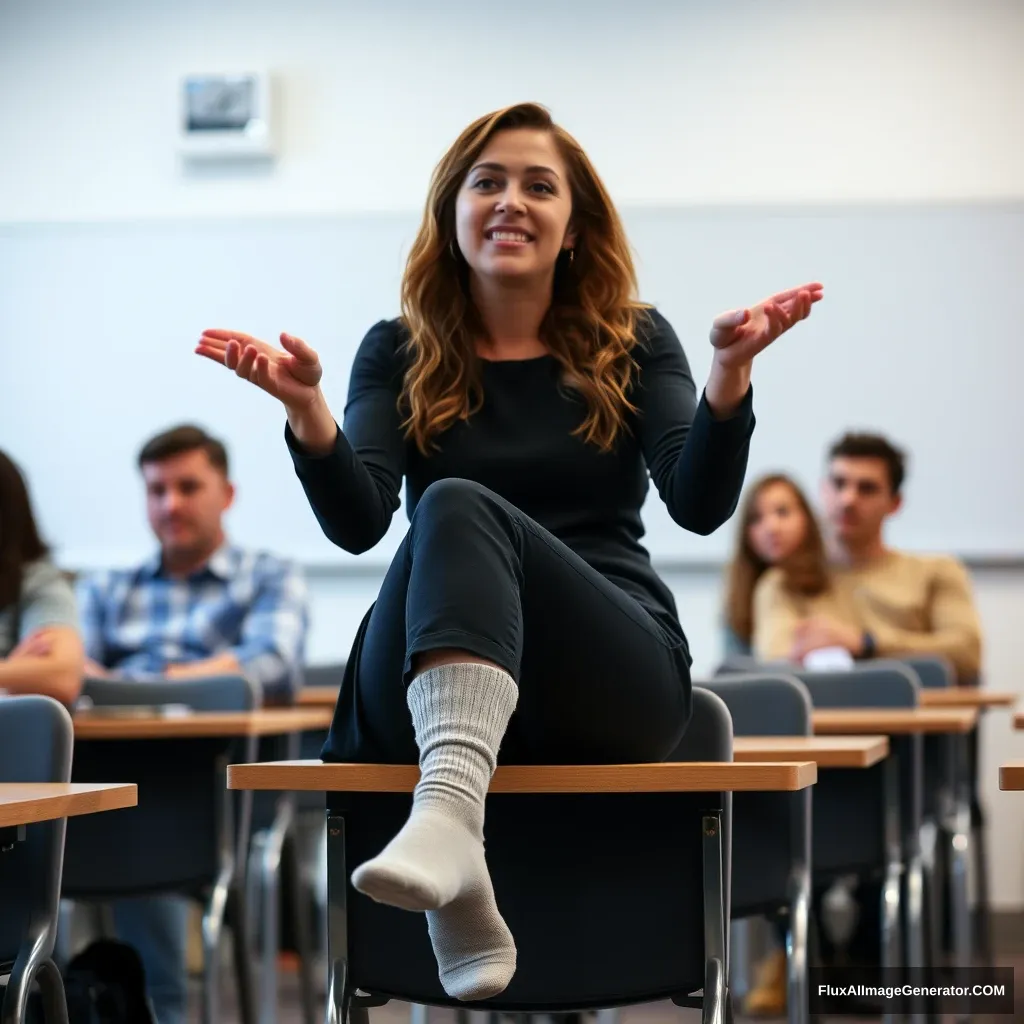 Zoomed out, a woman in class, wearing socks, no shoes. - Image