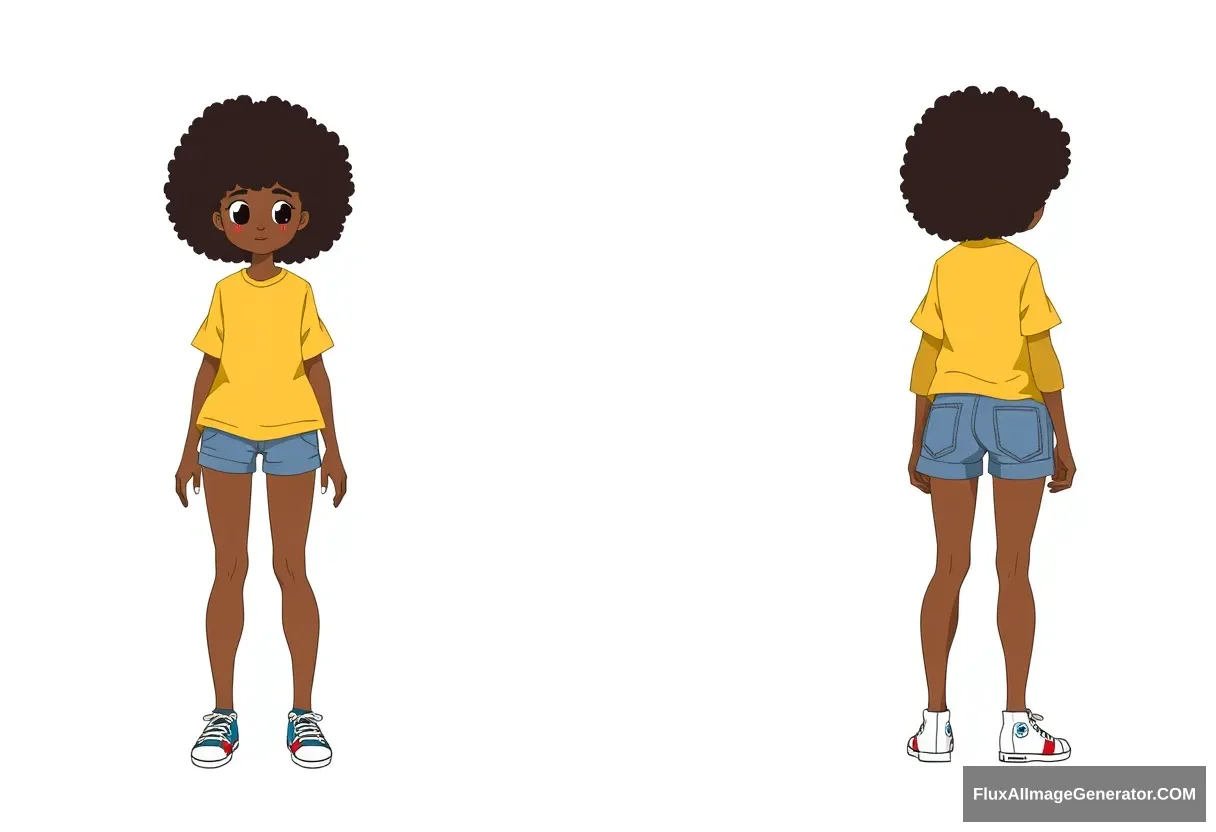 Front, side and back, profile character sheet, girl in yellow shirt with jean shorts, afro hair covering eyes. - Image