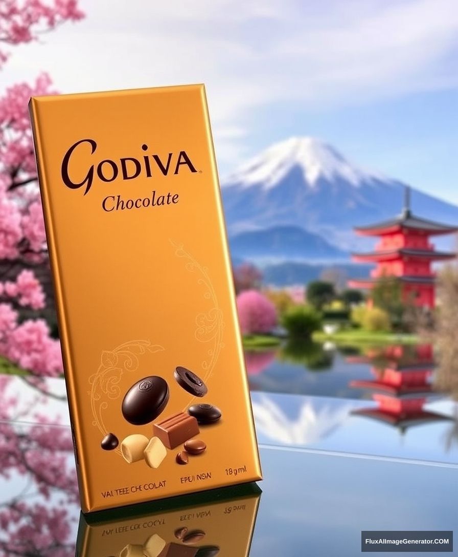 Godiva chocolate, Japanese Mount Fuji background. - Image