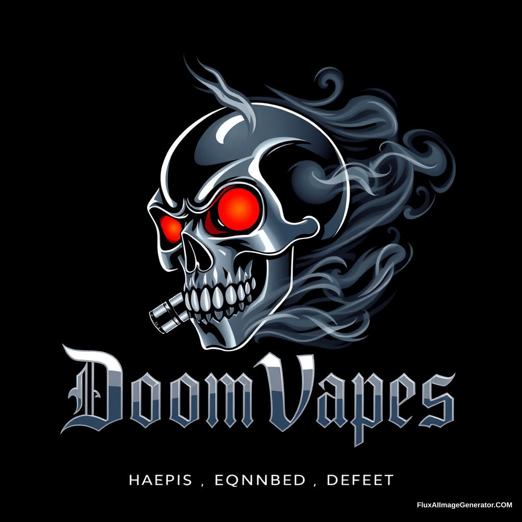 Sleek, menacing logo for DoomVapes, an equipment and content company. Stylized smoke forms a skull with glowing red eyes, emerging from a metallic vape pen. Gothic lettering in chrome.