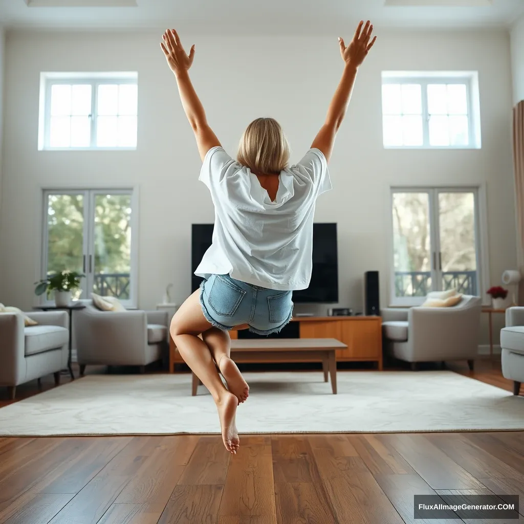 A side angle of a slender blonde woman in her large living room, wearing an extremely oversized white t-shirt that is uneven at one shoulder, paired with oversized light blue denim shorts. She is barefoot and facing her TV, diving headfirst with both arms raised below her head and her legs high in the air, creating a 60-degree angle with her back. - Image