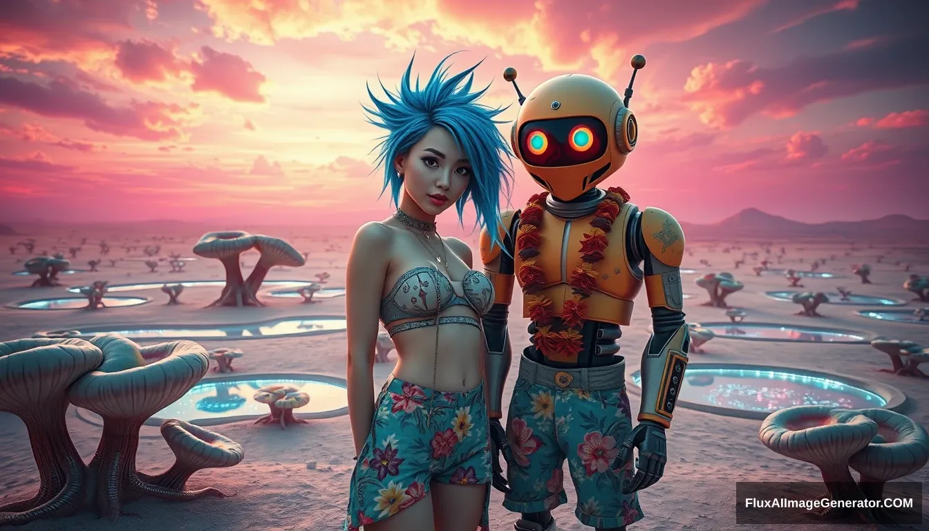 Cinematic Photo of a couple in the intricate style of Enki Bilal: A deliciously attractive punk girl with electric blue spiky hair and a charming retro-futuristic robot in Hawaiian shorts, on a surreal alien desert adorned with iridescent fungi and shimmering lakes, all beneath a vibrant, dreamlike sky. - Image