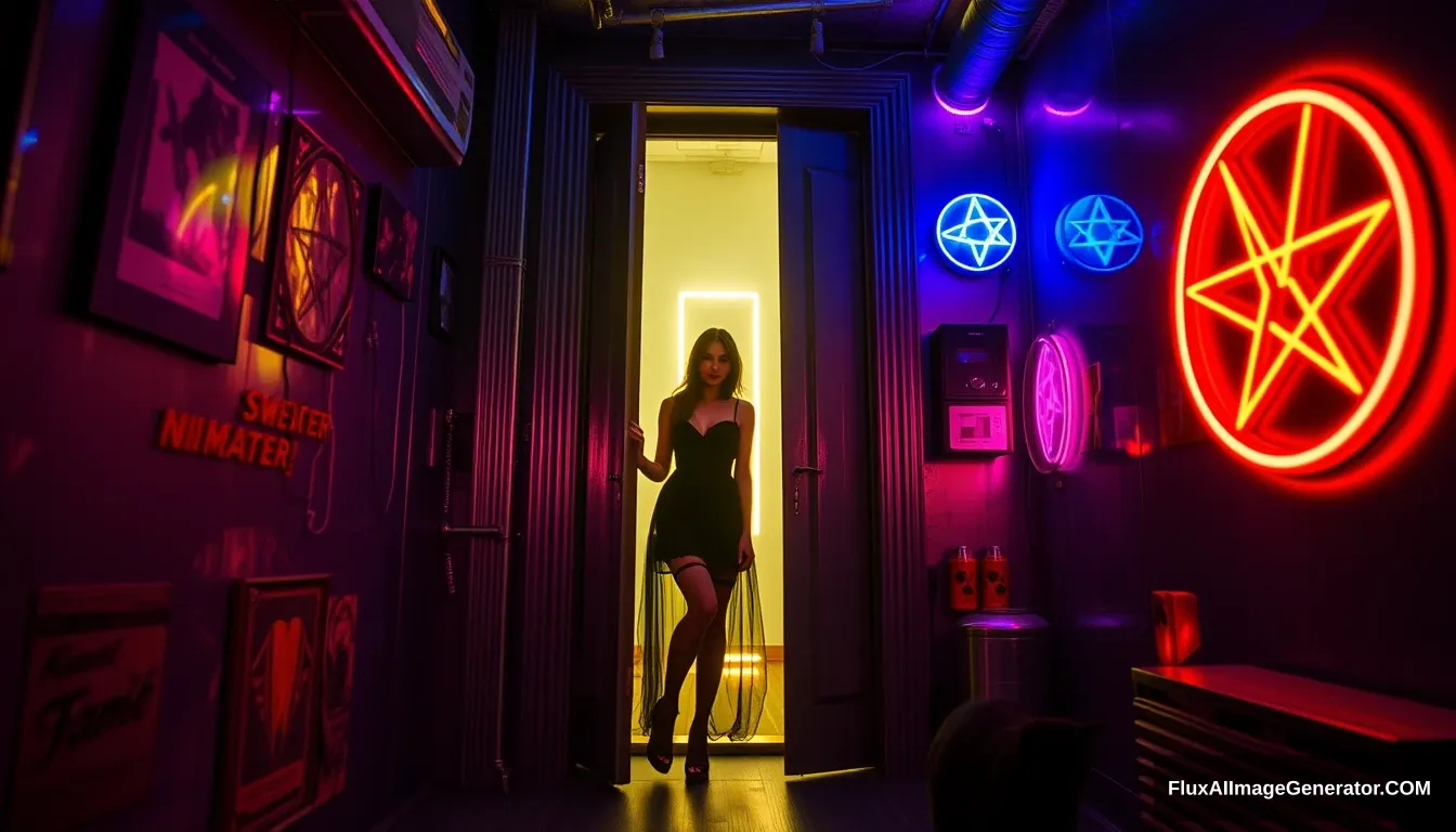 'Portrait of a beautiful goth woman stepping through a glowing door into a dimly lit cyberpunk room with vibrant neon hues reflecting off metallic surfaces, neon pentagrams on the walls, and a black cat lurking.'