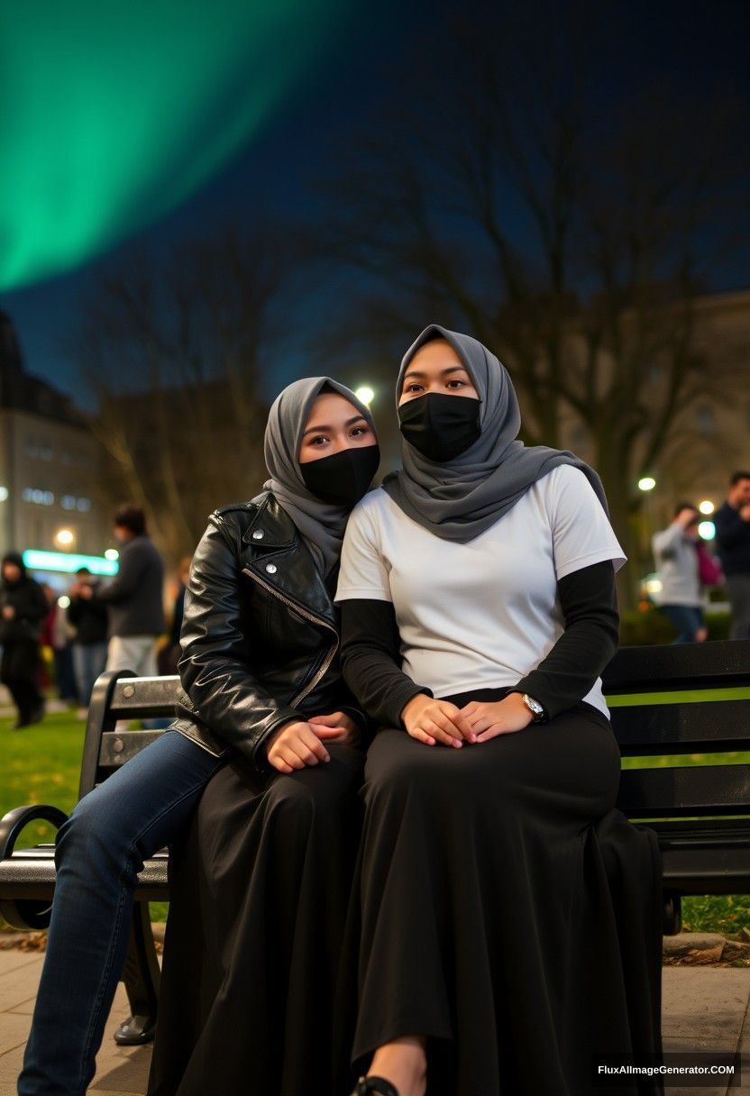 Jamie Dornan, tall and young, wearing a black face mask, a white Nike T-shirt, and jeans, is dating a lovely Muslim girl in a grey hijab with beautiful eyes, also wearing a black face mask and a leather jacket, and the longest and biggest skirt, who is not very tall. They are sitting romantically together on a park bench in town, surrounded by strangers in the background, in a photorealistic style of street photography, featuring selfie photos and a night scenery with the aurora borealis. - Image