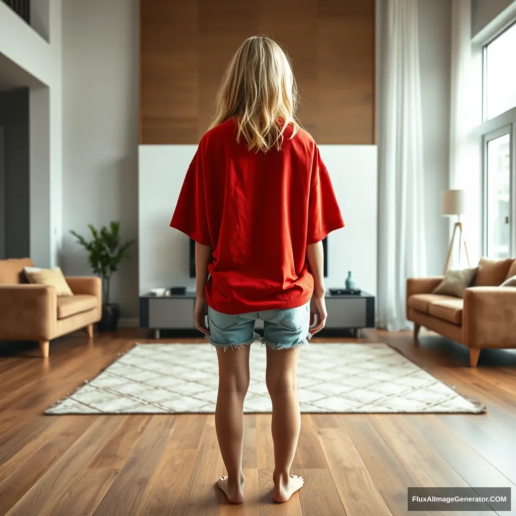 Front view of a young blonde skinny woman in her early twenties, standing in her massive living room. She is wearing a massively oversized red polo t-shirt, which is slightly off-balance on one shoulder, and the bottom part of her t-shirt is tucked in. She is also wearing light blue denim shorts and has no shoes or socks on. She is facing her TV with both arms hanging straight down. - Image