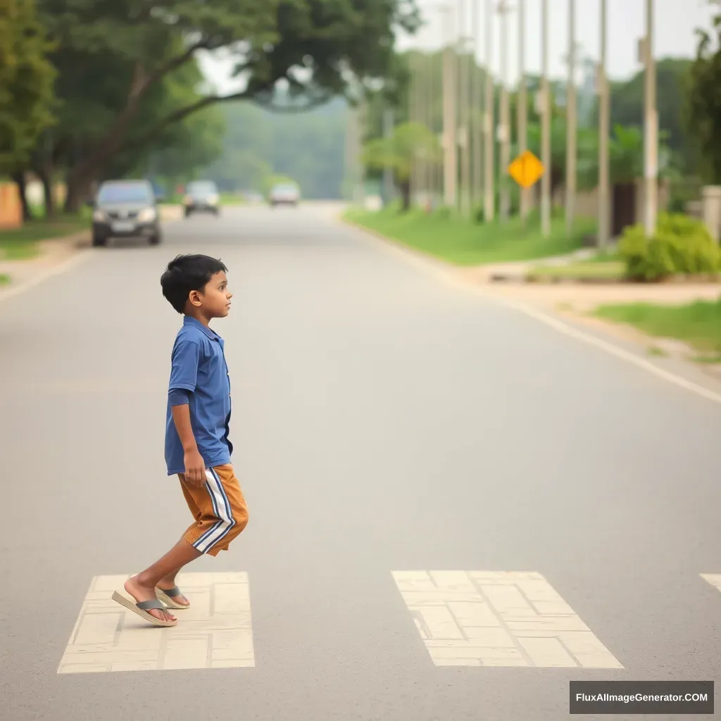 Indian Boy crossing the road. - Image