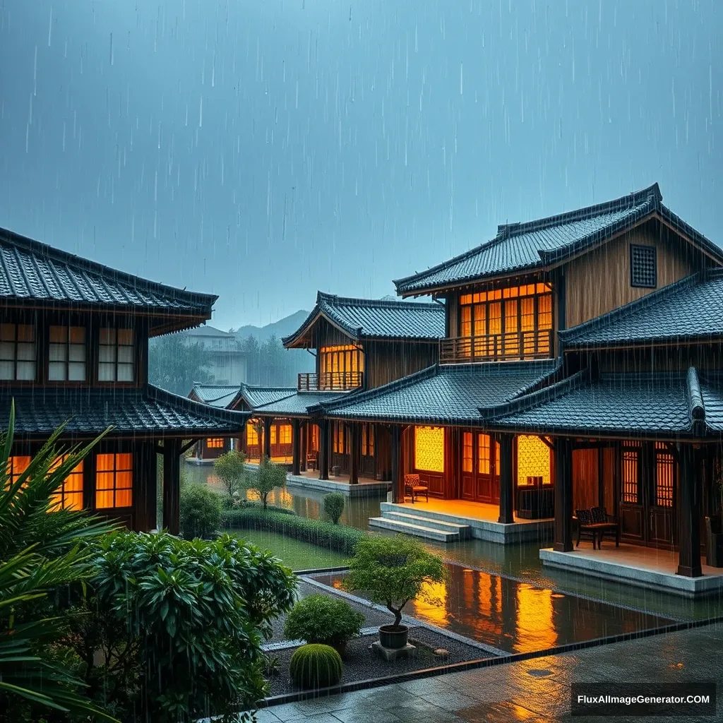 Outside view, rainstorm, a total of oriental cabins, exquisite detail design house, warm colored lighting window, aesthetic sense, relaxed, master composition. - Image