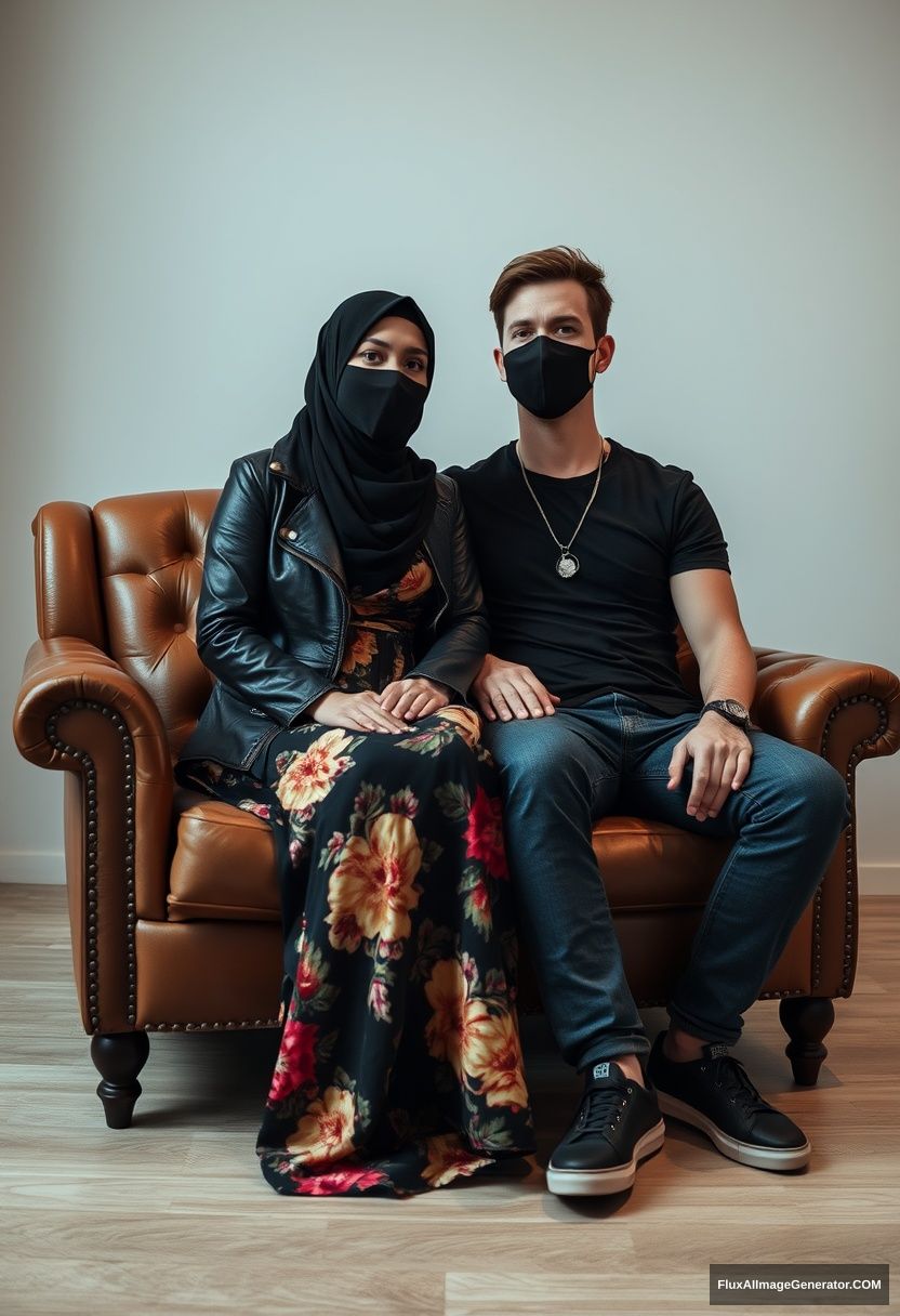 A biggest black hijab girl, slim girl, beautiful eyes, face mask black, black leather jacket, biggest floral long dress, black leather sneaker, sitting on leather single wing sofa, Jamie Dornan, youngest, silver pendant for men, black T-shirt, jeans, black leather sneaker, tall man, face mask black, fit body, sitting near her, hyper realistic, studio photography. - Image