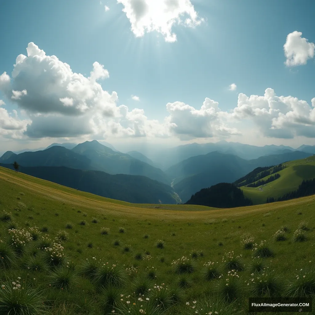 Wide mountain meadow panorama with clouds and mountain peaks:: sunlight::1 ceramic::1 panorama::1 --v 6 --ar 16:9 - Image