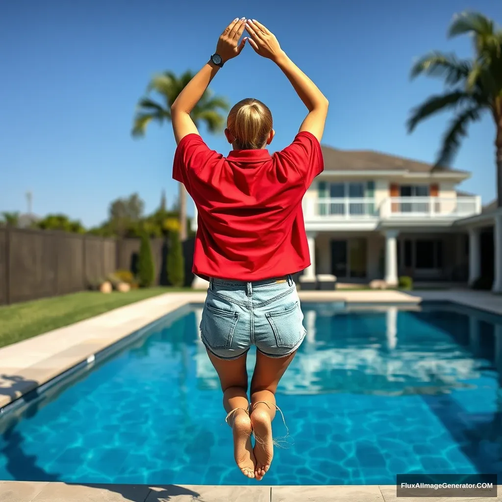 Back view of a young blonde skinny woman who is in her early twenties is in her massive backyard wearing a massively oversized red polo t-shirt which is a bit off balance on one of the shoulders and the bottom part of her t-shirt is tucked in on all sides. She is also wearing M-sized light blue denim shorts and she is wearing no shoes or socks. She dives into her massive luxurious pool upside-down with her arms raised below her head. - Image