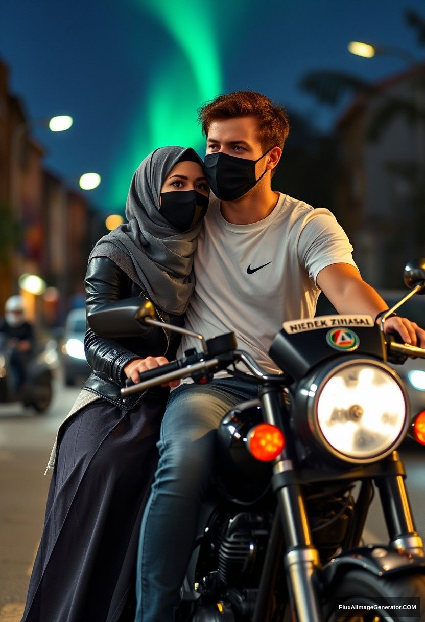 Jamie Dornan, tall and young, wearing a black face mask, white Nike T-shirt, and jeans, riding a motorcycle.

Dating romantically with a Muslim girl in a grey hijab, beautiful eyes, black face mask, leather jacket, and very long, big skirt, who is not tall.

Riding a motorcycle together in the town, photorealistic, street photography, night scenery, aurora borealis. - Image