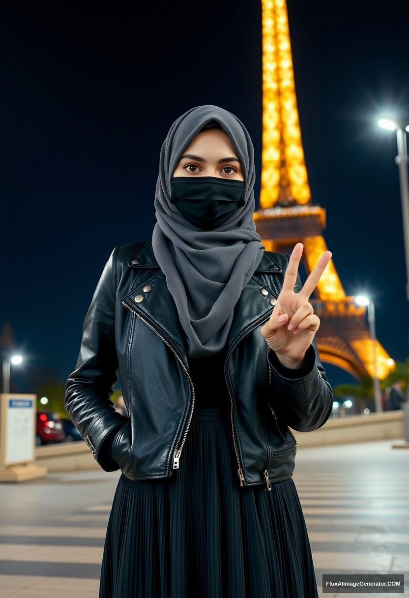 Biggest grey hijab Muslim girl, beautiful eyes, black face mask, leather jacket, biggest longest skirt, standing near Eiffel Tower, night scenery, hyper realistic, photorealistic, selfie photos, peace hand.