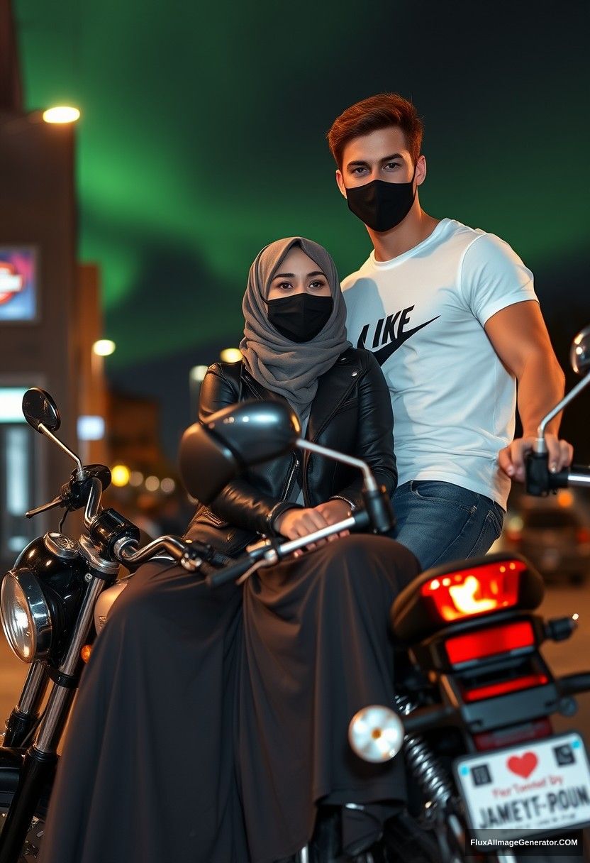 Jamie Dornan, tall, young, black face mask, white Nike T-shirt, jeans,

dating in a romantic context with a grey hijab-wearing Muslim girl, beautiful eyes, black face mask, leather jacket, very long and large skirt, not a tall girl,

sitting for photography on a motorcycle, Harley Davidson model, in town, photorealistic, street photography, night scenery, aurora borealis. - Image