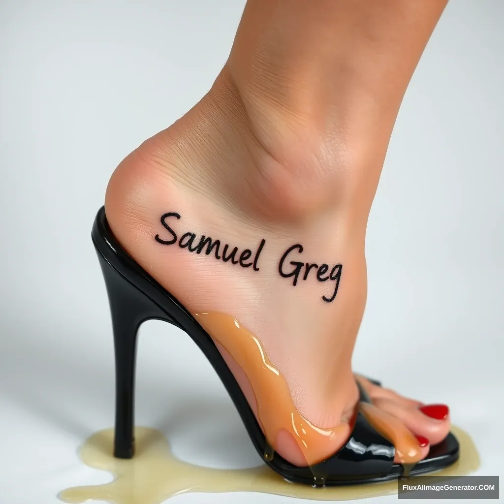 The name "Samuel Greg" on a woman's foot in a black high heel. There is oil all over the foot.