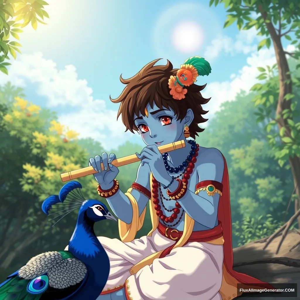 Young boy Krishna, 20 years old, (blue skin), playing flute, nature, sun, sitting, anime style, peacock, feather. - Image