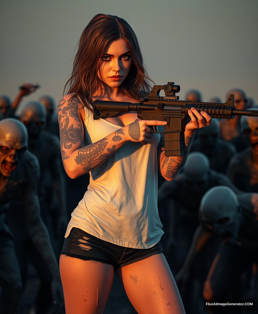 Portrait of a sexy woman in a white vest and a pair of black shorts, lots of tattoos on both arms and thighs, scratched skin, holding an AR-15 rifle with both hands, aiming posture, surrounded by scary zombies, golden hour lighting, ray tracing, global illumination. - Image