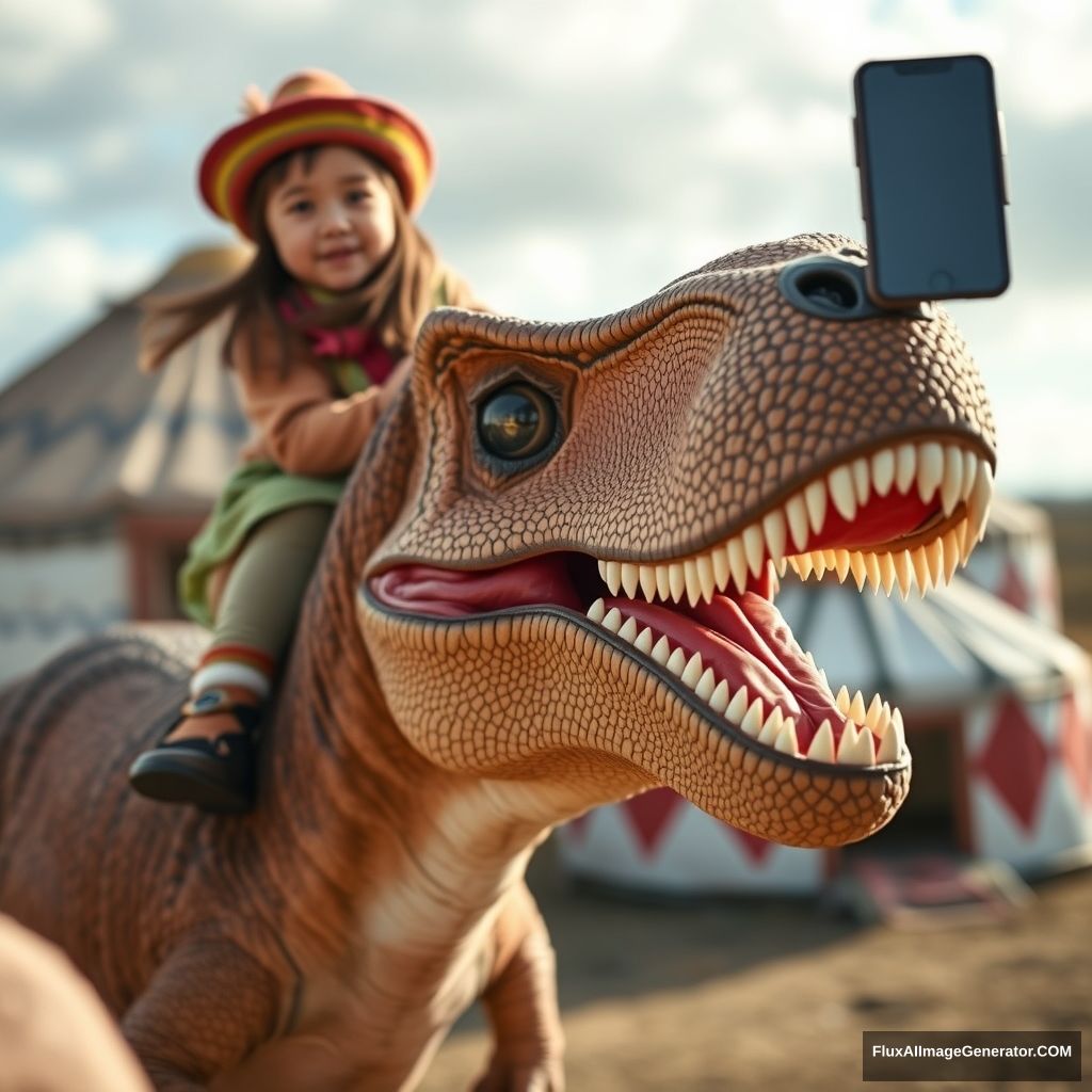 Close-up shot of a little Mongolian girl sitting on the head of a T-rex dinosaur who is taking a selfie, location Mongolian steppe, Mongolian yurts, realistic photo.