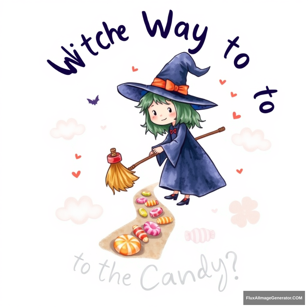 A vector t-shirt design of a cute watercolor-style illustration of a witch holding a broom, pointing towards a path made of candy, with the text 'Witch Way to the Candy?' on a white background. - Image