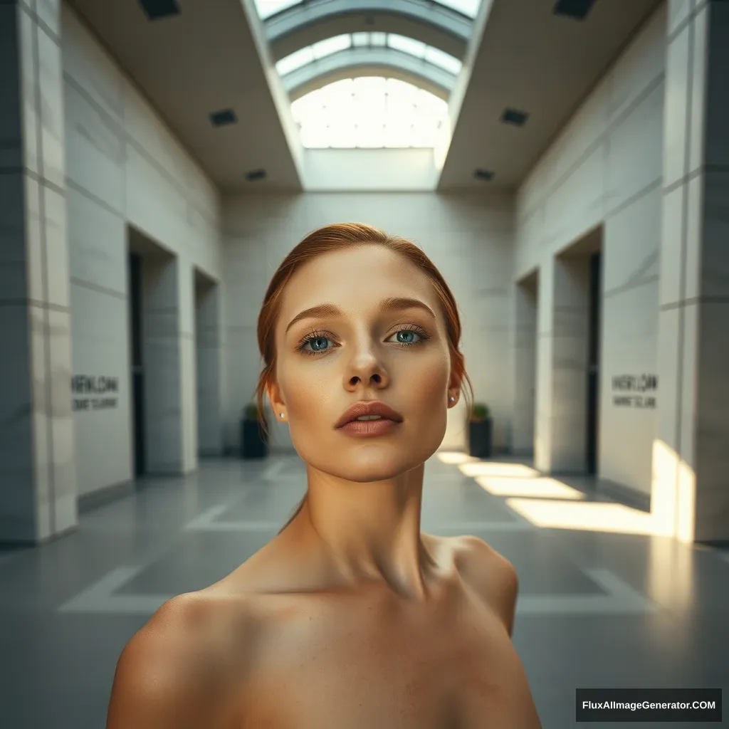 Style by Ren Hang, depth of fields, (sharp focus: 1.15), a huge space with falling light, a museum, Peter Zumthor style, real, huge empty space, white stone, strong light contrast, symmetric composition, most beautiful museum in the world, 4k stone texture, facial freckles, HD wallpaper, natural color skin, trending on ArtStation, highly detailed professional model pose, redhead, sunlight, mellow background, huge empty high space, the most beautifully proportioned European woman in the world, lobby, wide angle, roof window light. - Image