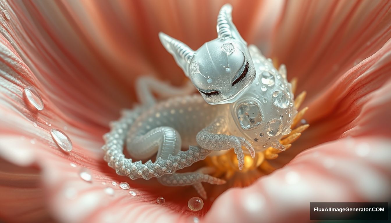 Abstract expressionism, cuteness overload realism, close up macro photography by Shaddy of a close up cute tiny white rhinestone transparent ice gremlin little dragon sleeping inside a giant poppy flower, sleek, modern., fairytale, light inside body, otherworldly glowing fantasy, detailed glistening oil scales texture, soft sepia, artistic water drops, dynamic pose, tender, soft pastel colors, octane render, soft natural volumetric light, bioluminescence atmospheric, sharp focus, centered composition, professional photography, complex background, soft haze, masterpiece. Animalistic, beautiful, tiny detailed. - Image