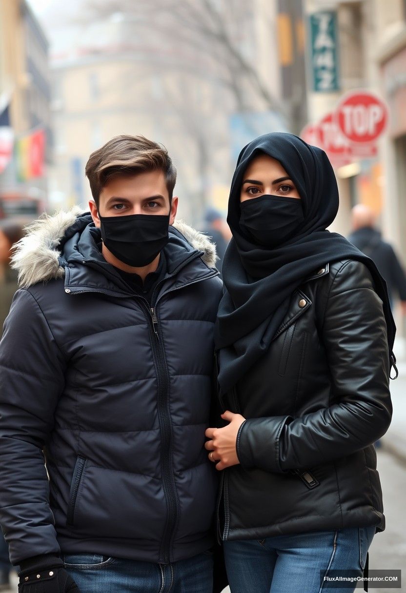 Jamie Dornan, handsome, young, black face mask, snow jacket, jeans, dating a beautiful Muslim girl in a big black hijab with beautiful eyes, wearing a black face mask and a black leather jacket, in a winter scenery, standing together in town, photorealistic, street photography.