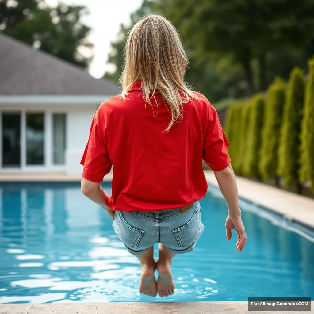 Back view of a young blonde skinny woman in her early twenties is in her massive backyard wearing an oversized red polo t-shirt, which is a bit off-balance on one shoulder, and the bottom part of her t-shirt is untucked. She is also wearing size M light blue denim shorts and has no shoes or socks on. She dives into her pool head first. - Image