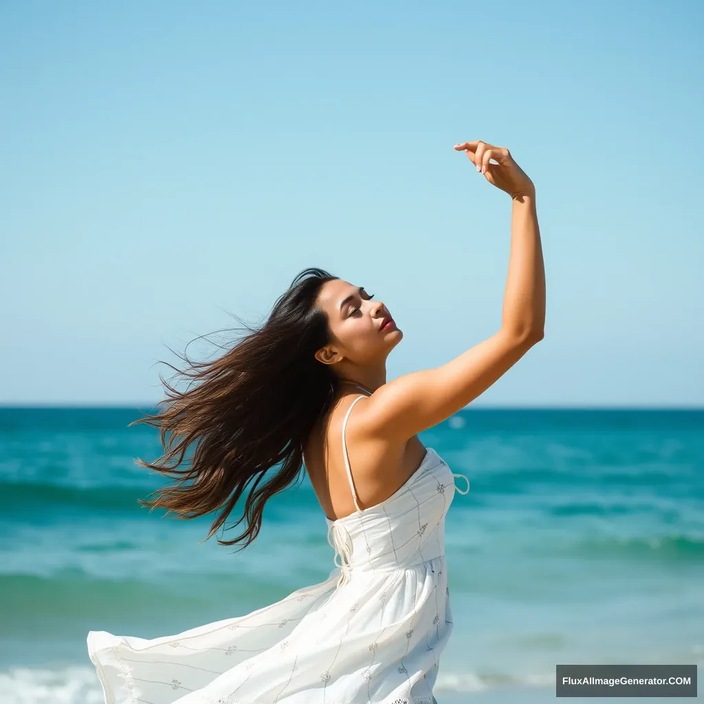 A woman is dancing by the sea.