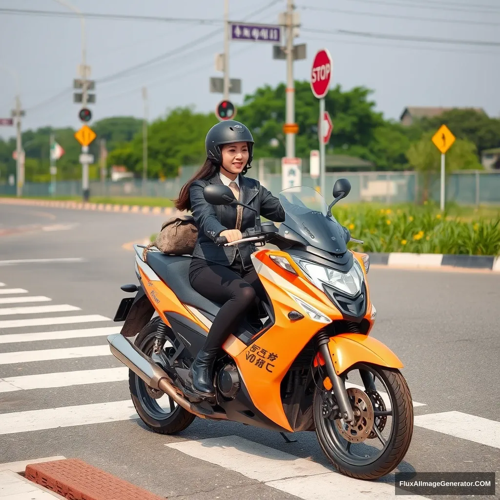 "At the crossroads, there is a woman riding a smart motorcycle, with Chinese characters or Japanese."