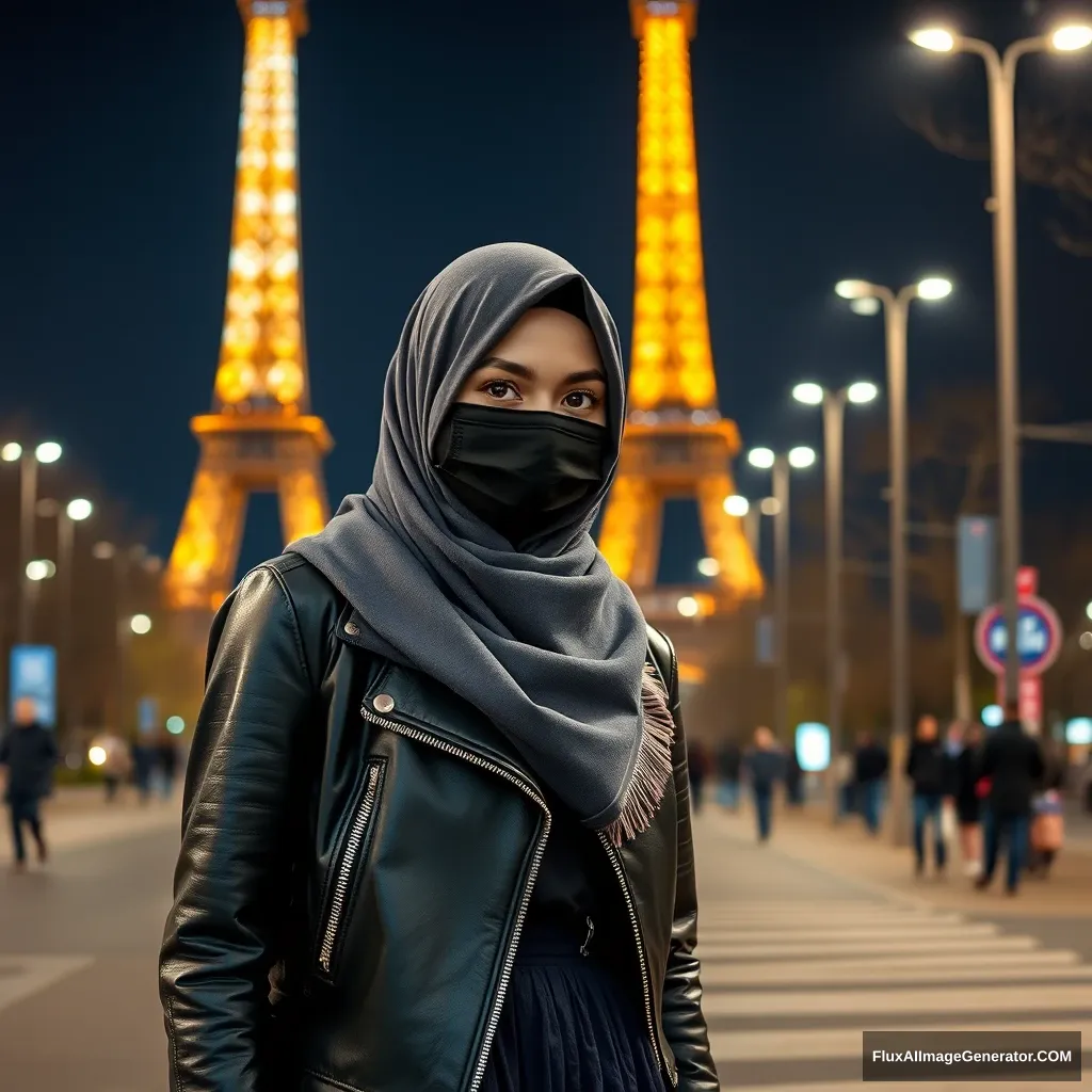 A biggest grey hijab Muslim girl, beautiful eyes, face mask black, black leather jacket, biggest longest skirt, standing near Eiffel Tower theme Olympic logos, night scenery, hyper realistic, street photography. - Image