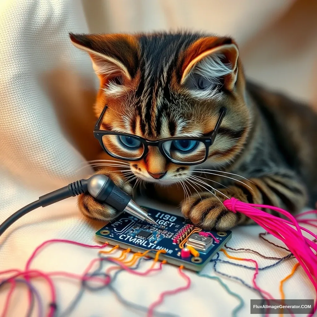 A mischievous tabby cat, wearing tiny spectacles, meticulously solders a circuit board with a miniature iron. Vibrant threads weave intricate patterns, mimicking electronic pathways. Soft fabric backdrop, warm lighting. Delicate French knots form components. Style: Hyper-realistic embroidery art, blending traditional craftsmanship with modern technology. - Image