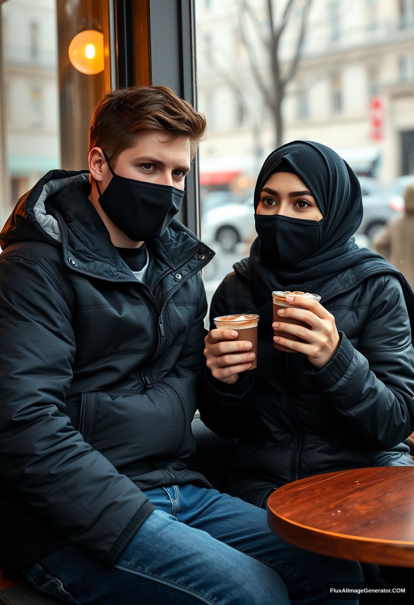 Jamie Dornan, handsome, young, wearing a black face mask, snow jacket, jeans, dating a beautiful Muslim girl in a big black hijab with beautiful eyes, also wearing a black face mask and a black leather jacket, in a winter scenery, sitting in a cafe near a glass window in town, with two cups of hot chocolate, on a gloomy day, photorealistic, street photography. - Image