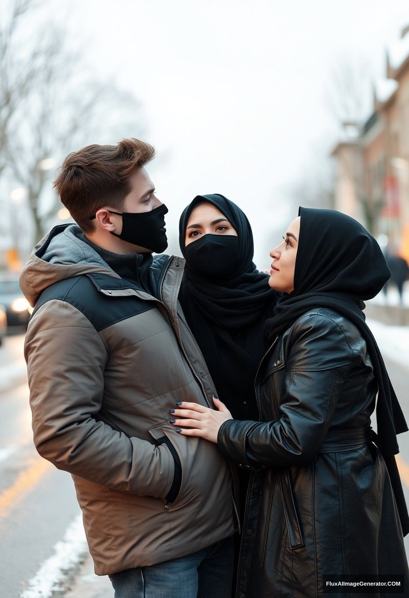 Jamie Dornan, handsome, young, black face mask, snow jacket, jeans, dating a beautiful, romantic, black hijab-wearing Muslim girl with beautiful eyes, black face mask, black leather jacket, winter scenery, standing together near the road in town, pinching each other's cheeks, photorealistic, street photography. - Image