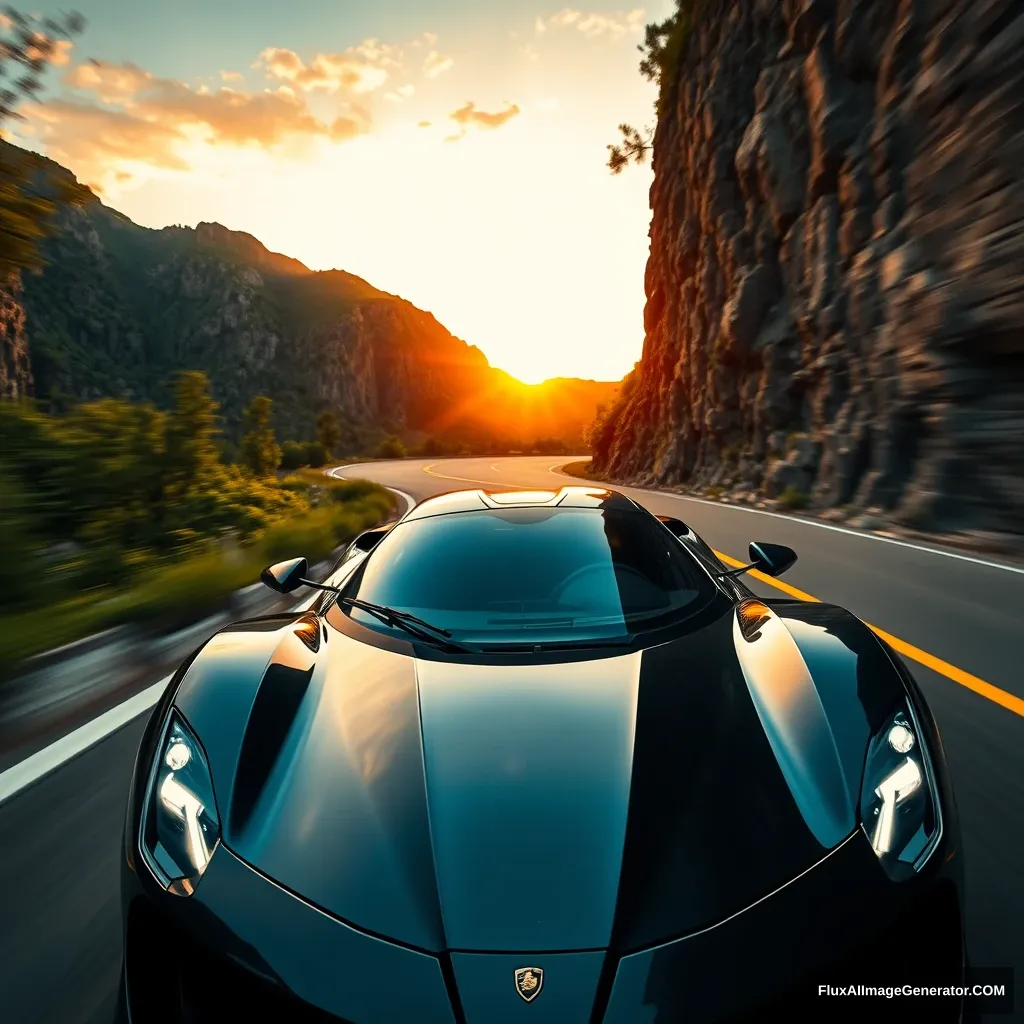 (super car:1.5) front view, sleek design, (shiny metallic finish:1.3), racing from a winding mountain road, surrounded by lush greenery and dramatic cliffs, (sunset lighting:1.2) casting warm hues, dynamic motion blur enhancing speed, reflections on the car's surface, (high detail:1.4), cinematic atmosphere, (4k:1.2), inspired by automotive photography. - Image