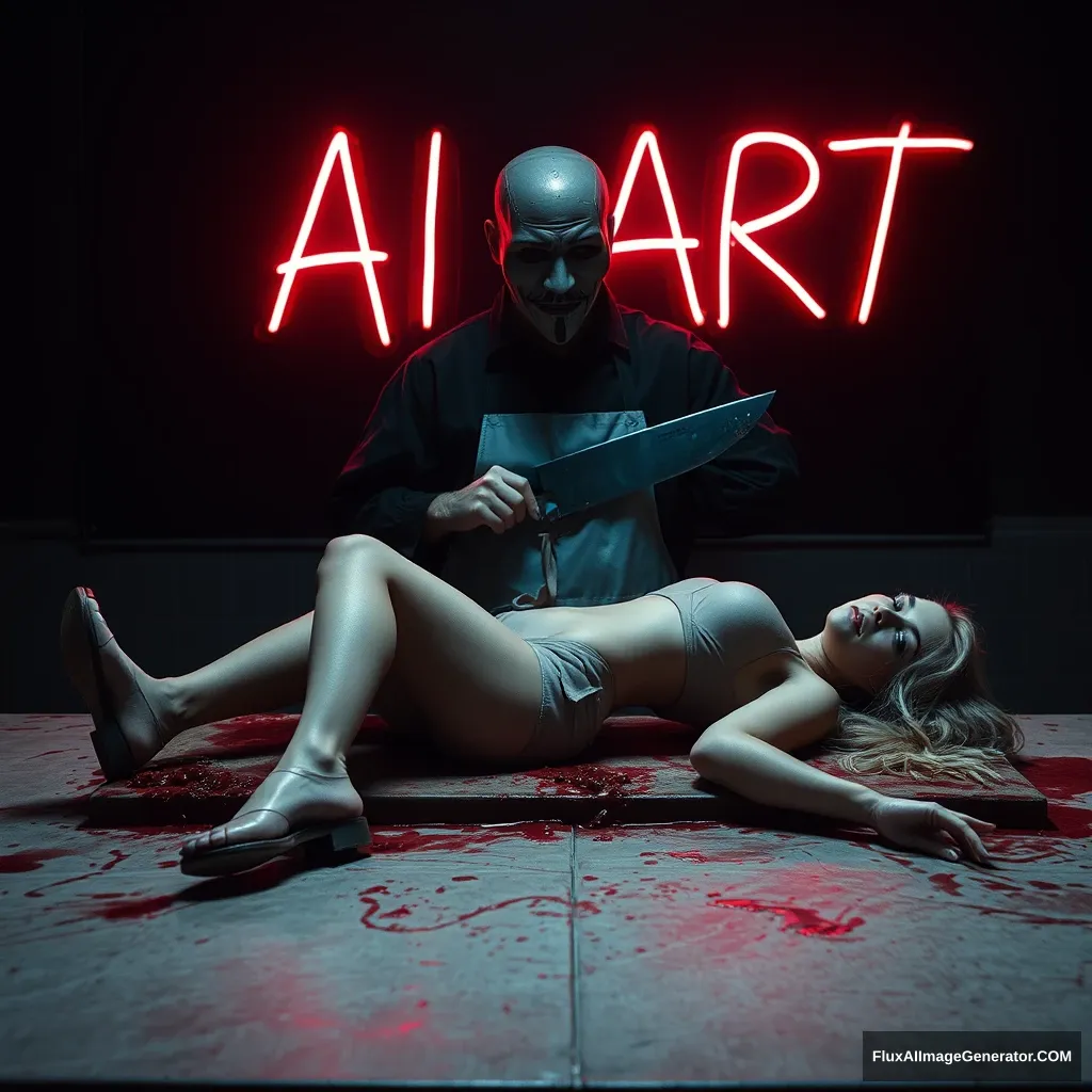 A woman lay on the butcher table, shoes on, at night. There is a neon sign that says: "AI ART." A horrible butcher with a mask stands behind, in the dark, holding a bloody butcher's knife.