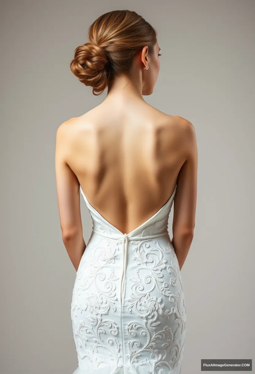 a short young woman, sensitive, delicate, ashamed, backless strapless side-less low-waisted contouring wedding dress, in front of patriarchy, expectations - Image