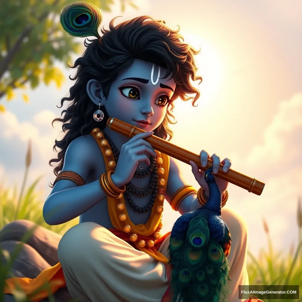 Young boy Krishna, 20 years old, (blue skin), playing flute, nature, sun, sitting, anime style, peacock, feather, cinematic rendering, 3D look, ((long curly hair)).