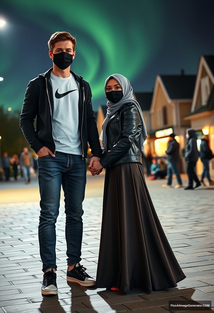 Jamie Dornan, tall and handsome, wearing a black face mask, long sleeve white Nike T-shirt, jeans, and sneakers, dating a beautiful Muslim girl in a grey hijab with stunning eyes, also wearing a black face mask, a leather jacket, and an extremely long skirt. She is not tall and is wearing red sneakers. They are holding hands and standing together in town, captured in a photorealistic street photography style, full photography, and selfie photos, set against a night scenery with aurora. - Image