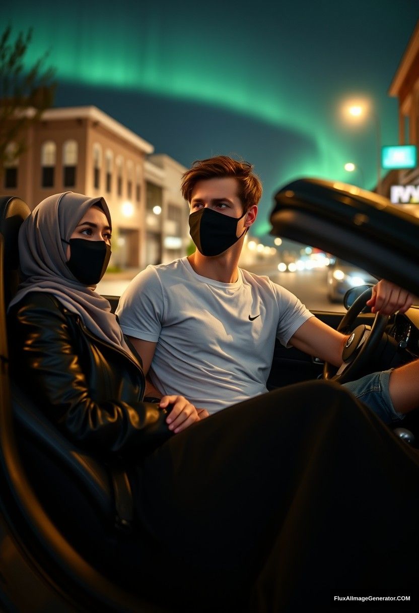 Jamie Dornan, tall, young, wearing a black face mask, a white Nike T-shirt, and jeans, driving a sports car  

dating romantically with a grey hijab Muslim girl, beautiful eyes, wearing a black face mask, a leather jacket, and a very long and large skirt, who is not tall,  

sitting in a sports car, in the town, photorealistic, street photography, night scenery, aurora borealis. - Image