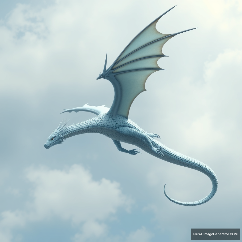 "Please draw a slender and long Eastern Blue Dragon flying in the sky. It has a silvery-white metallic feel. Draw it in 3D. Its entire body is covered with scales so powerful that not even a spear can pierce them." - Image