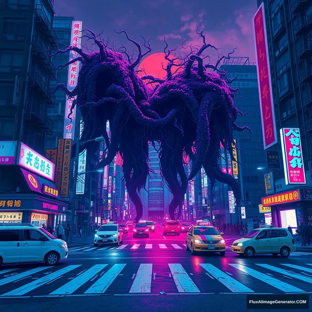 A cyberpunk style video game concept painting, wide-angle city view, Shibuya Scramble Crossing, Tokyo is corrupted by giant vines, night scene, crosswalk line, abandoned vehicles, blue and purple neon lights, sky is dyed red. - Image