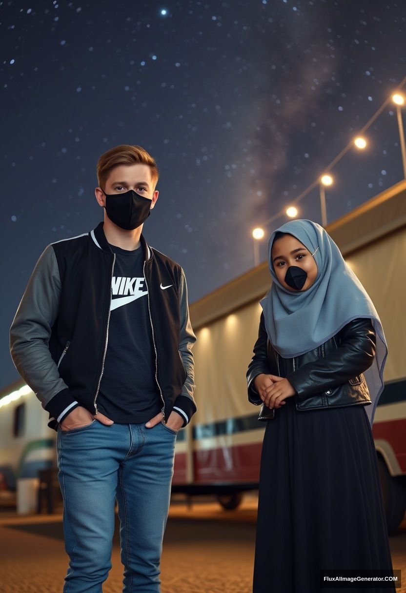 Jamie Dornan, youngest, black face mask, collage jacket, Nike t-shirt, jeans, tall man, fit body,

Dating, love with the biggest grey hijab Muslim girl, beautiful eyes, black face mask, leather jacket, biggest longest skirt, cute short girl,

standing at a caravan, night scenery, Milky Way, hyper-realistic, photorealistic, street photography.