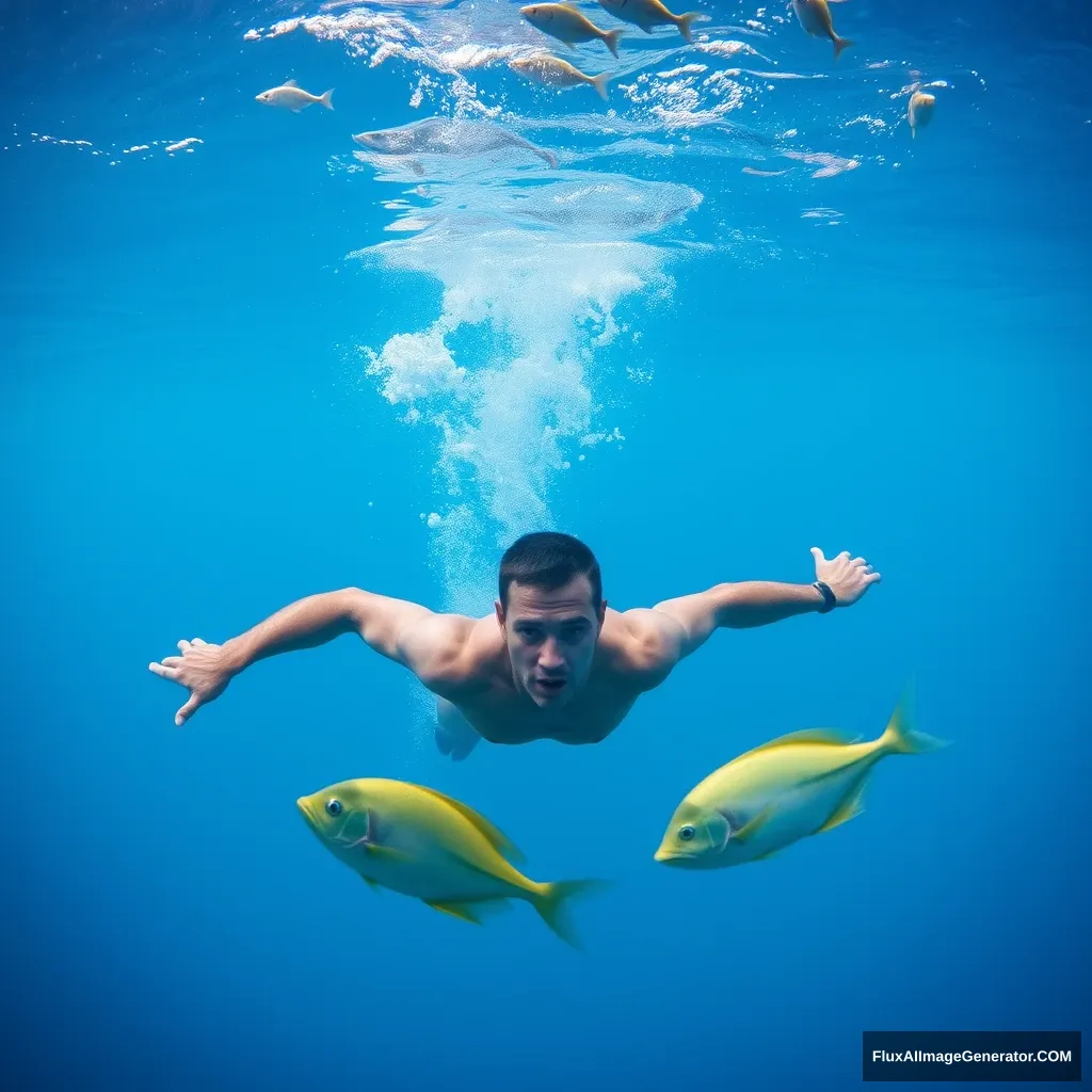 There is a man swimming underwater, along with some fish.