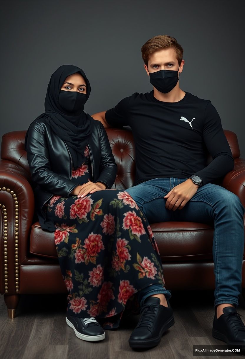 A biggest black hijab girl, slim girl, beautiful eyes, face mask black, black leather jacket, biggest floral long dress, black leather sneaker, sitting on leather single wing sofa, Jamie Dornan, youngest, puma black T-shirt, jeans, black leather sneaker, tall man, face mask black, fit body, sitting near her, hyper realistic, studio photography. - Image