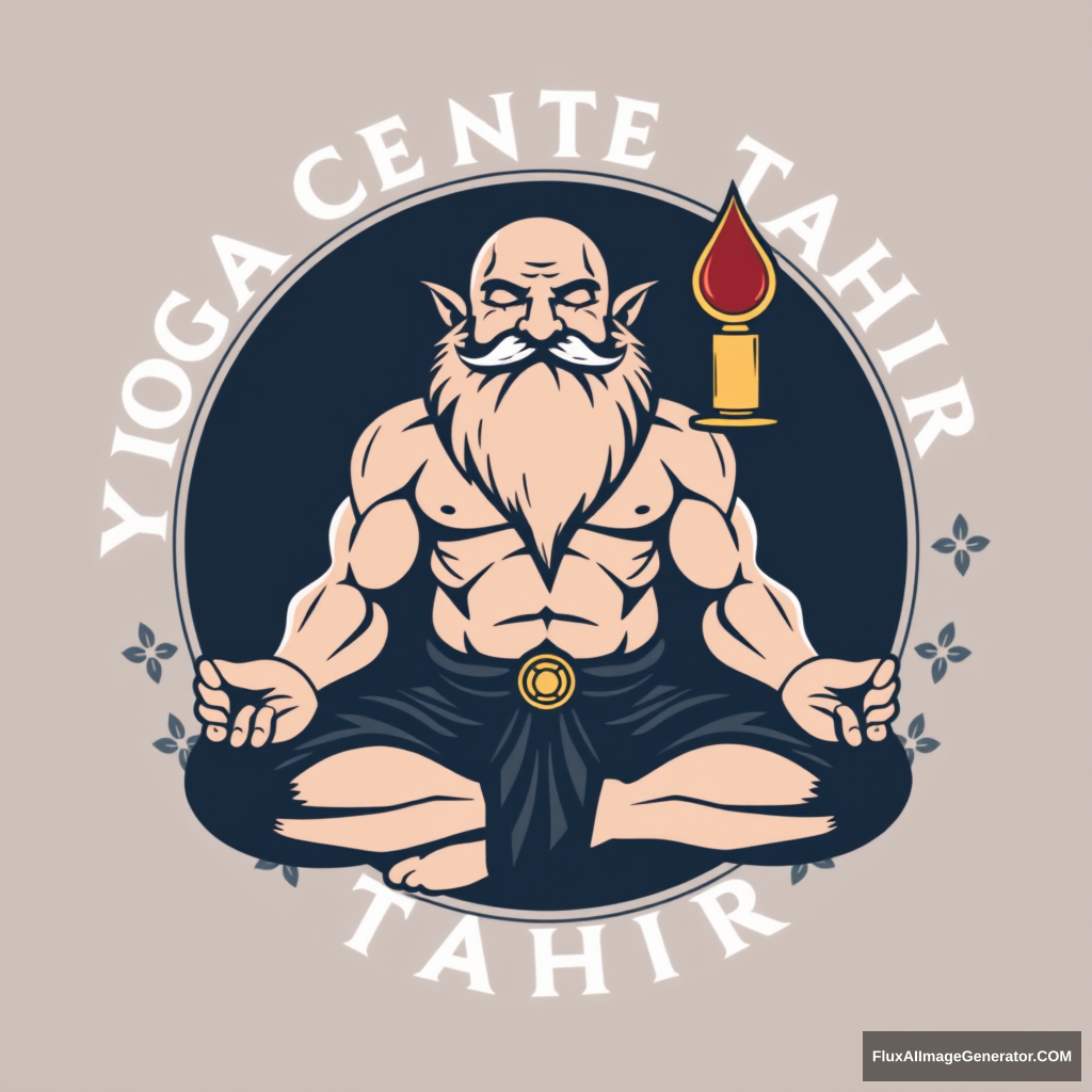 "Yoga Center Tahir" logo: a muscular large bald dwarf with a beard in the lotus position flirting with an altushka.