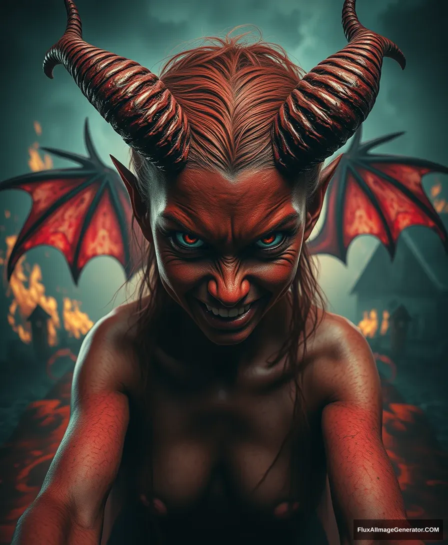 red-skinned demon girl, twisted horns, demon girl, evil smirk, drawing, red water, demon wings in the background, the background of a burning house, a lot of small details, hyper detail, acceleration, speed, dark exposure, the highest quality, the highest detail, ambient lighting, third person view from the bottom, intricate, exquisite details and textures, sharp focus, high resolution, detailed eyes, 8k uhd, nikon d850, high quality, film grain, hyper realistic skin (detailed skin:1.3)