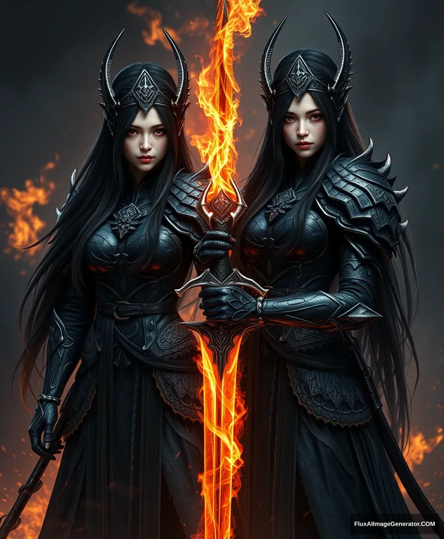 Digital art depicting realistic women in black scary armor, holding a fire sword, with human faces and long hair, perfectly detailed dragon armors, super detailed faces, high detail on faces, realistic faces, highly detailed characters, character sheets, detailed, sharp focus, super detailed full bodies, 32k resolution, only a reality graphic, epic background, epic pose, horror, high resolution, resonance, fire and ash background --niji --ar 9:16.